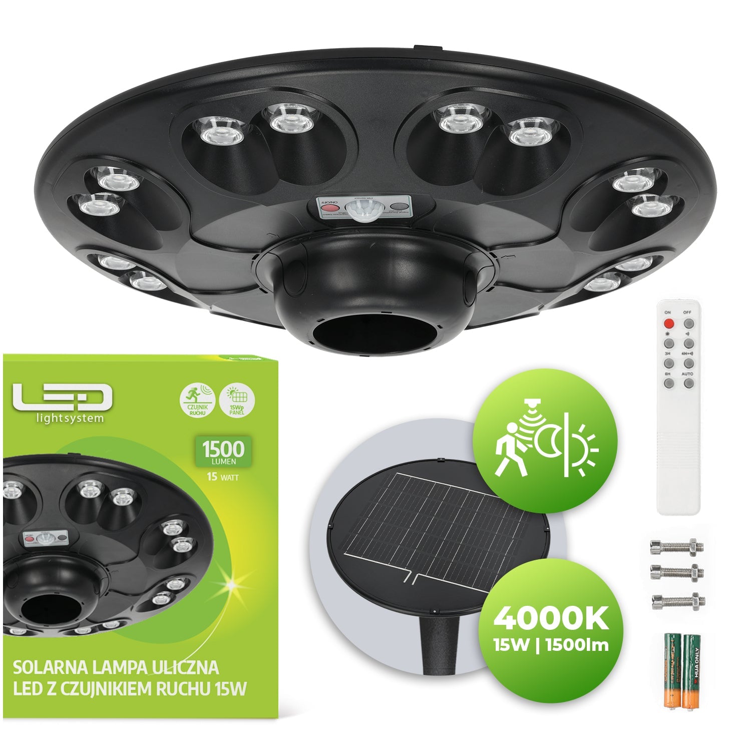 Lampa solarna uliczna 15W LED 4000K IP54 z czujnikiem ruchu i zmierzchu + pilot - LAITICA