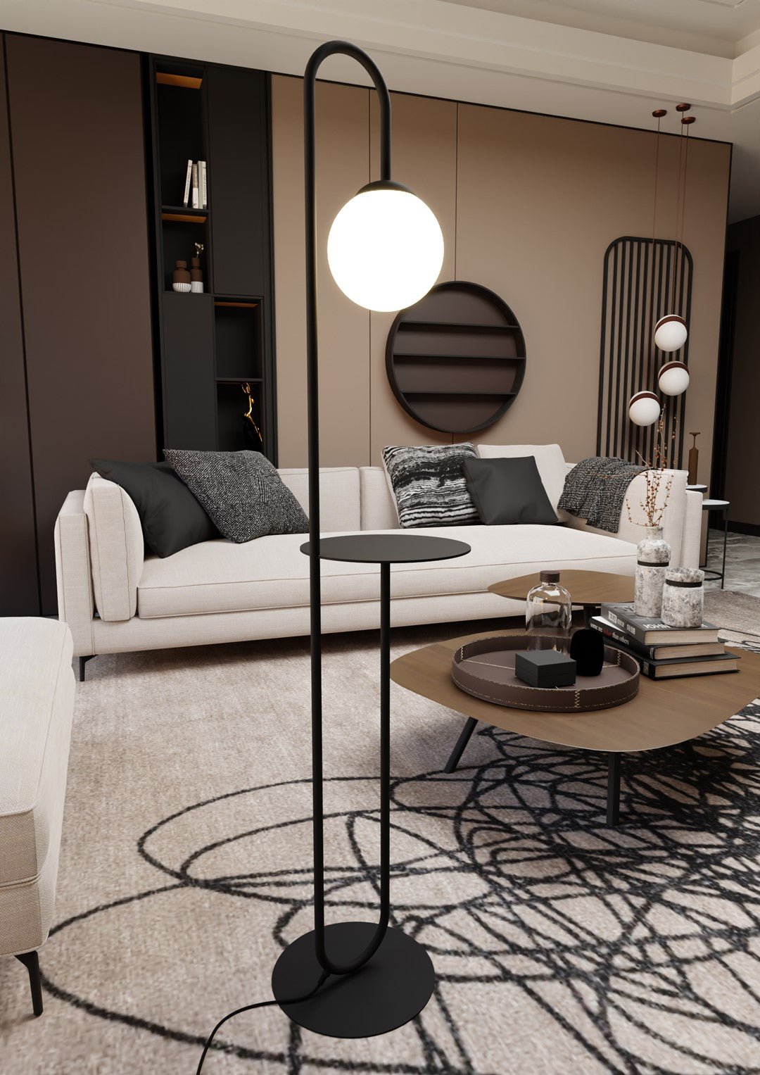 Lampa stojąca NICEA czarna Z PÓŁKĄ styl skandynawski KLOSZ BIAŁY 1xE14 - LAITICA