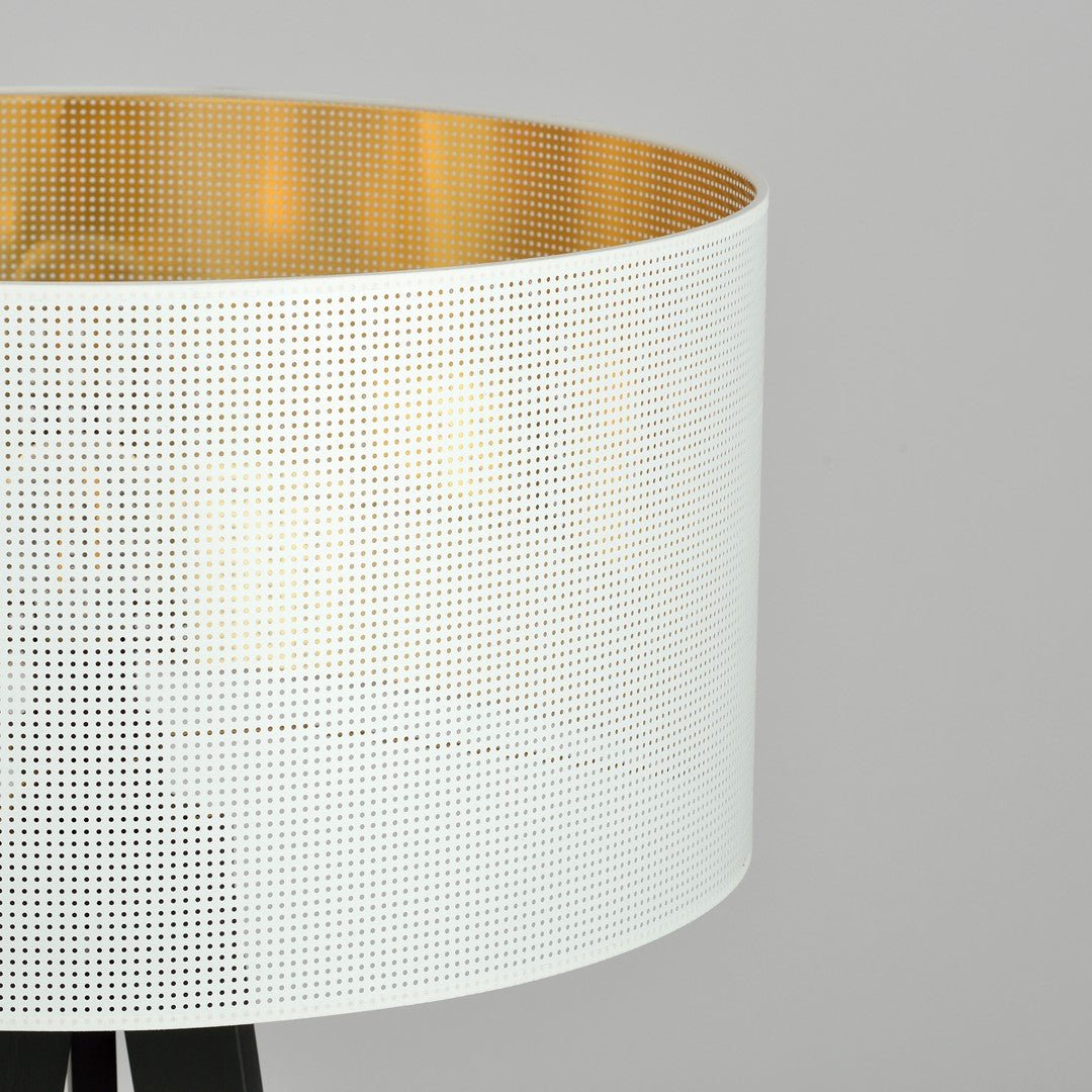 Lampa stojąca OLIMPIA biało - złota OKRĄGŁY ABAŻUR 1xE27 podłogowa trójnóg - LAITICA