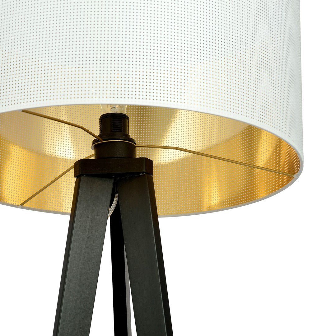 Lampa stojąca OLIMPIA biało - złota OKRĄGŁY ABAŻUR 1xE27 podłogowa trójnóg - LAITICA