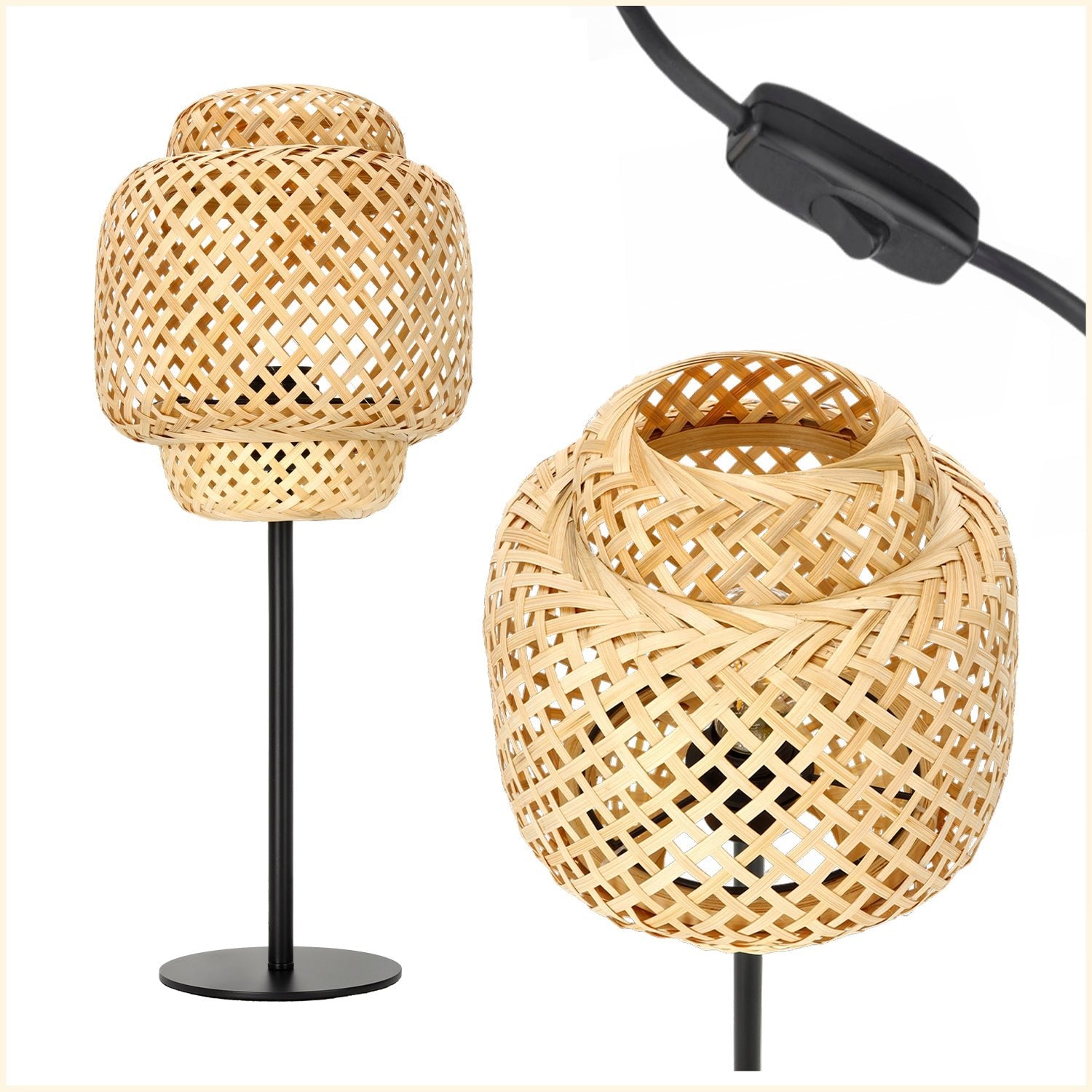 Lampa stołowa BONN E27 czarna konstrukcja KLOSZ 22cm bambusowy plecion