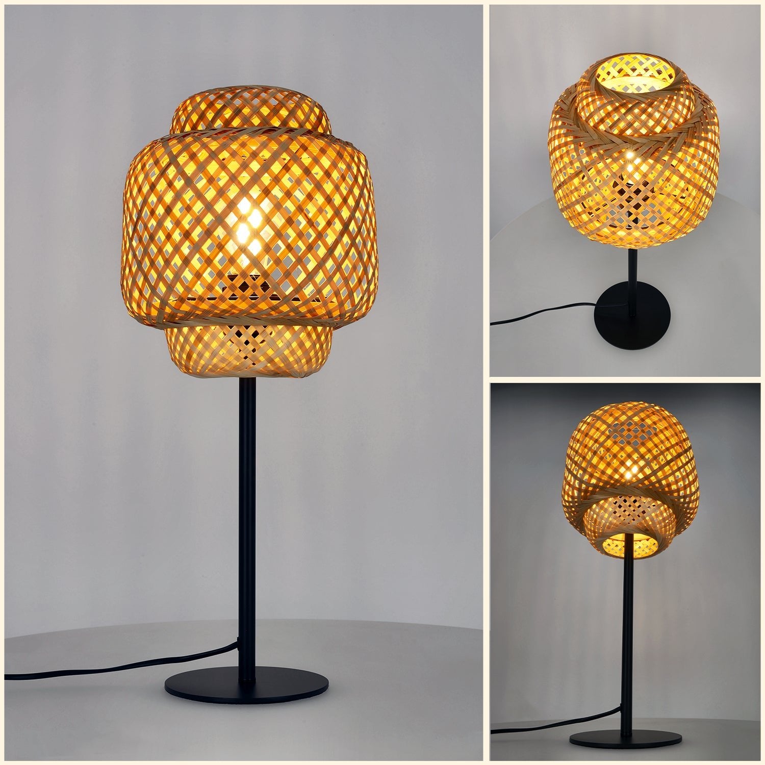 Lampa stołowa BONN E27 czarna konstrukcja KLOSZ 22cm bambusowy pleciona - LAITICA