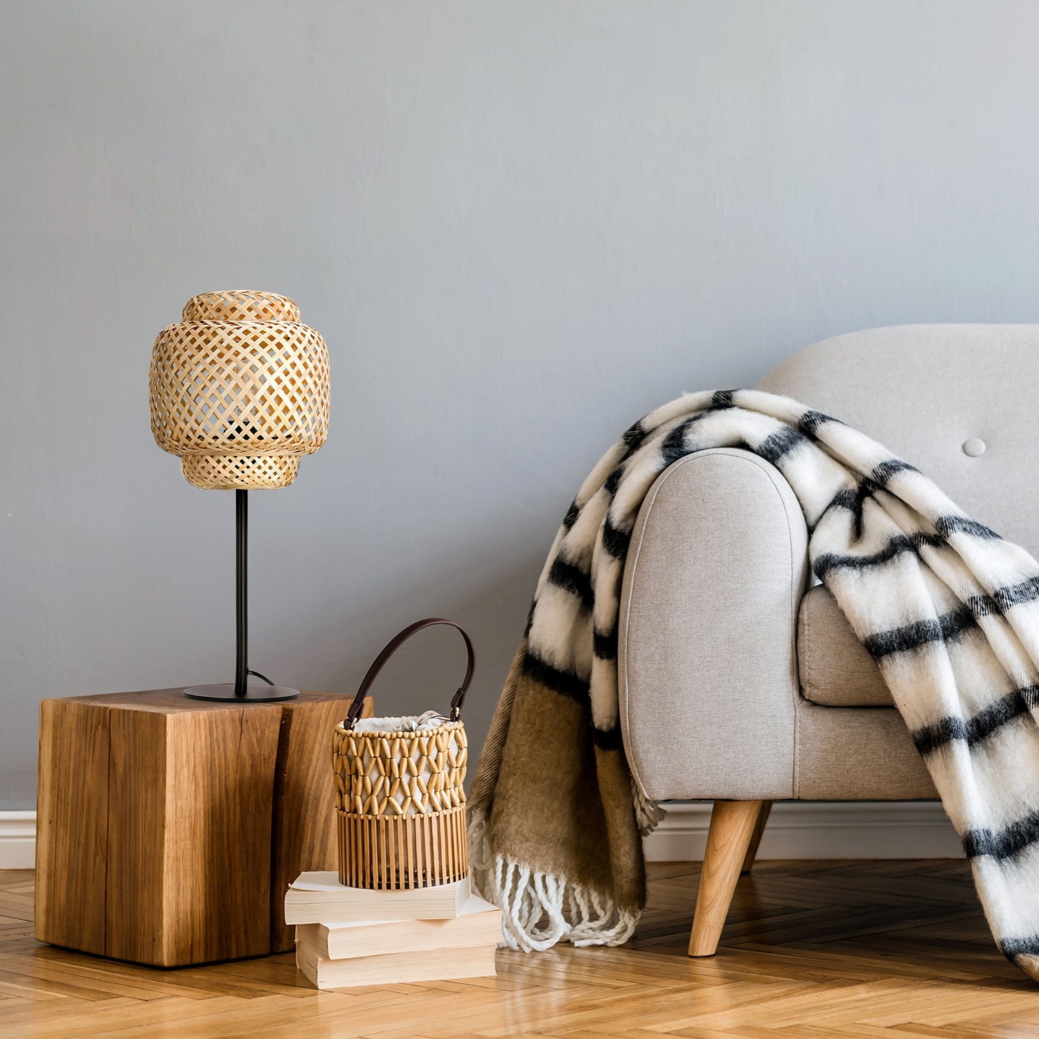 Lampa stołowa BONN E27 czarna konstrukcja KLOSZ 22cm bambusowy pleciona - LAITICA