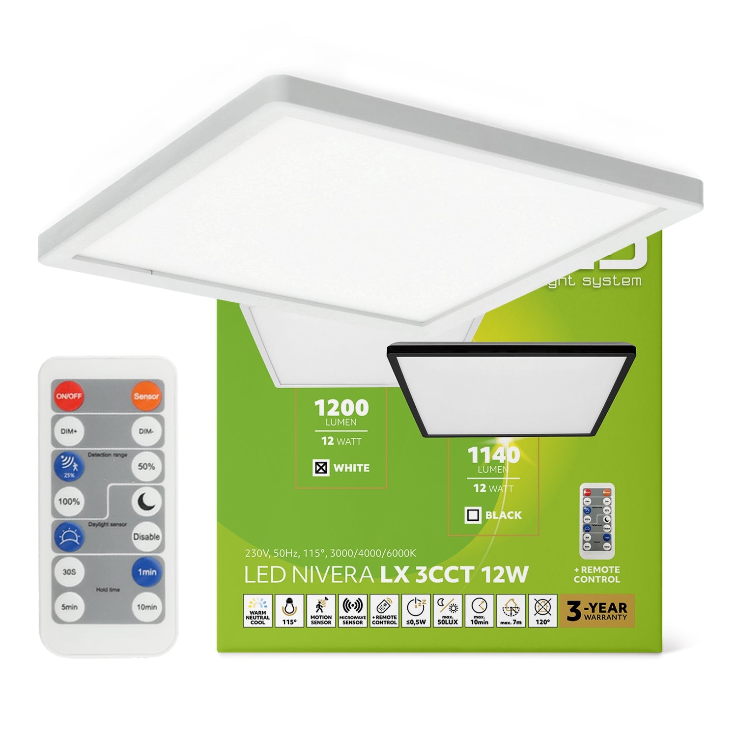 Lampa sufitowa LED 12W z czujnikiem ruchu i zmierzchu, 3 barwy światła, IP54 + pilot - LAITICA