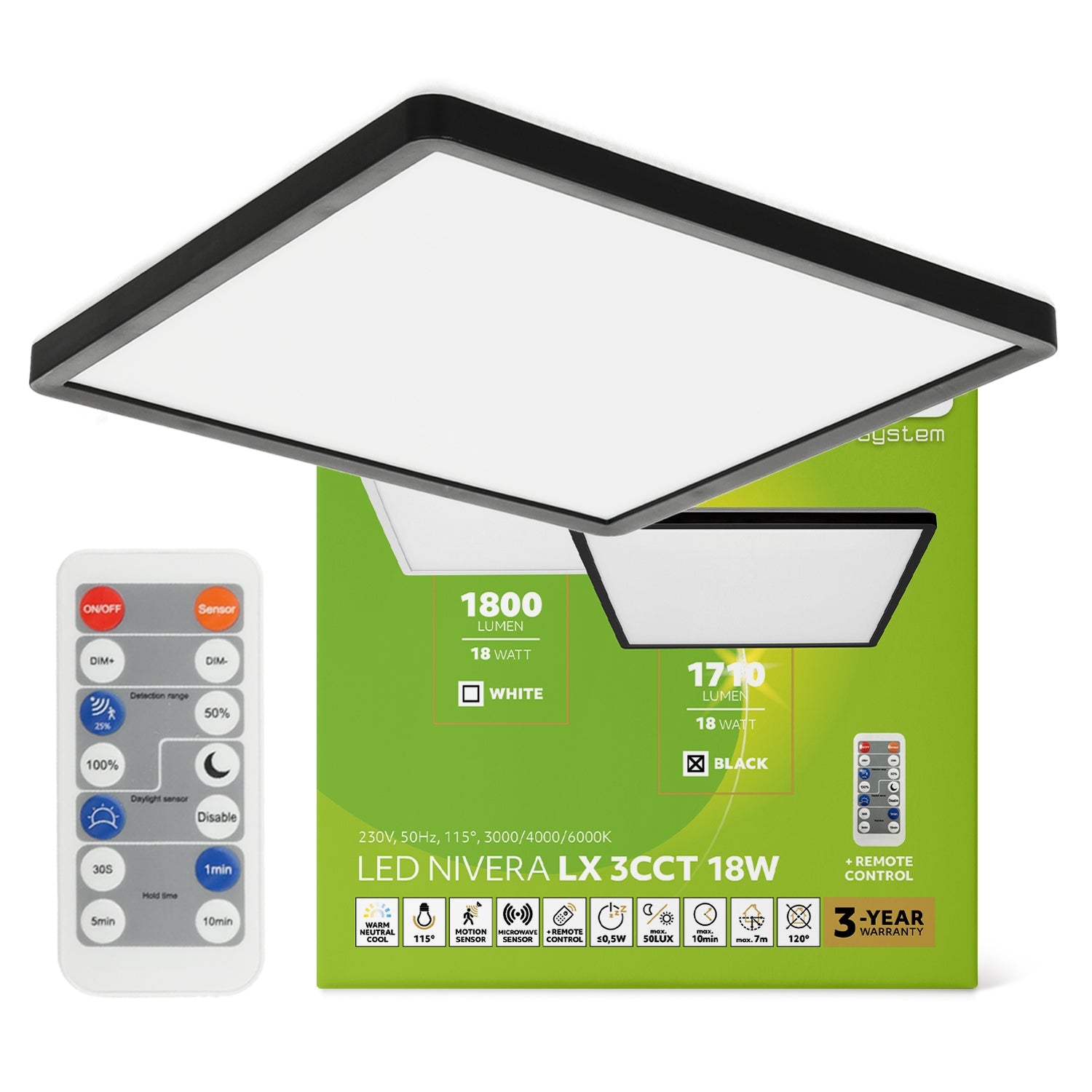 Lampa sufitowa LED 18W z czujnikiem ruchu i zmierzchu, 3 barwy światła CCT, IP54 + pilot | inteligentny plafon - LAITICA