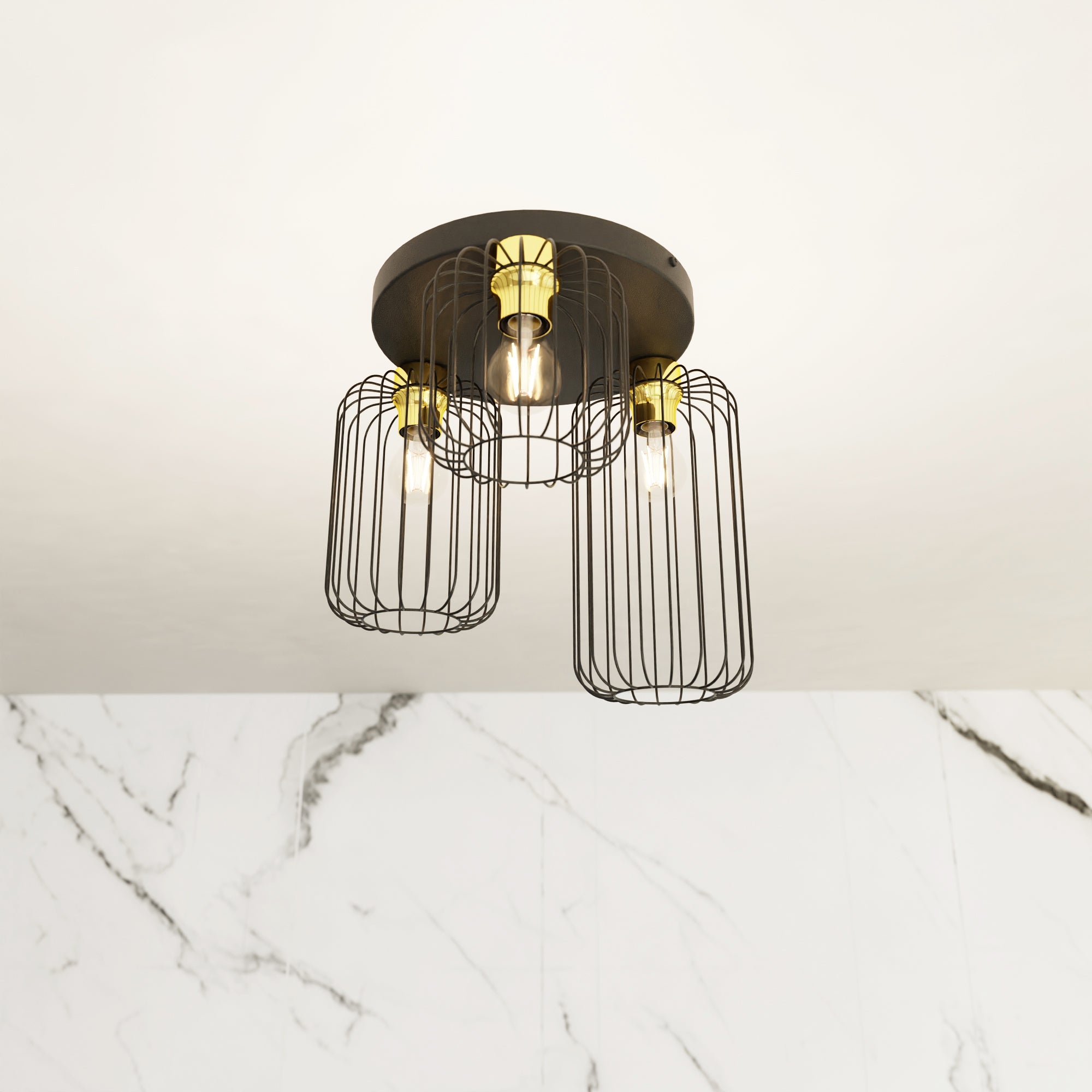 Lampa Sufitowa Loft LIMA Druciane Klosze 3 - punktowa E27 Czarno/Złota Plafon - LAITICA
