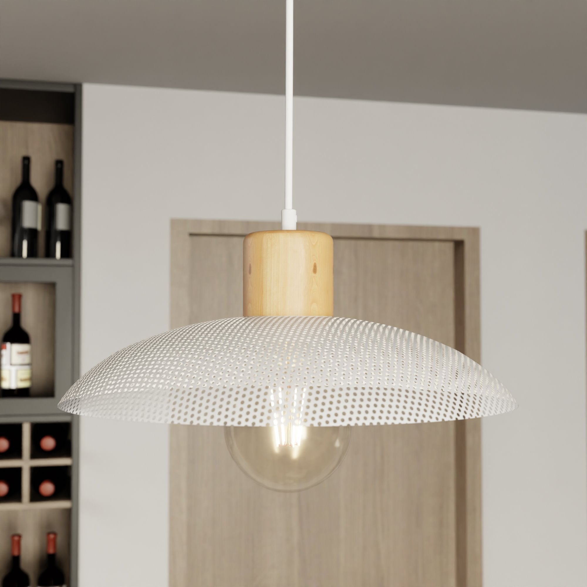 Lampa sufitowa metalowy klosz drewno NELI wisząca ZWIS BIAŁA 1xE27 - LAITICA