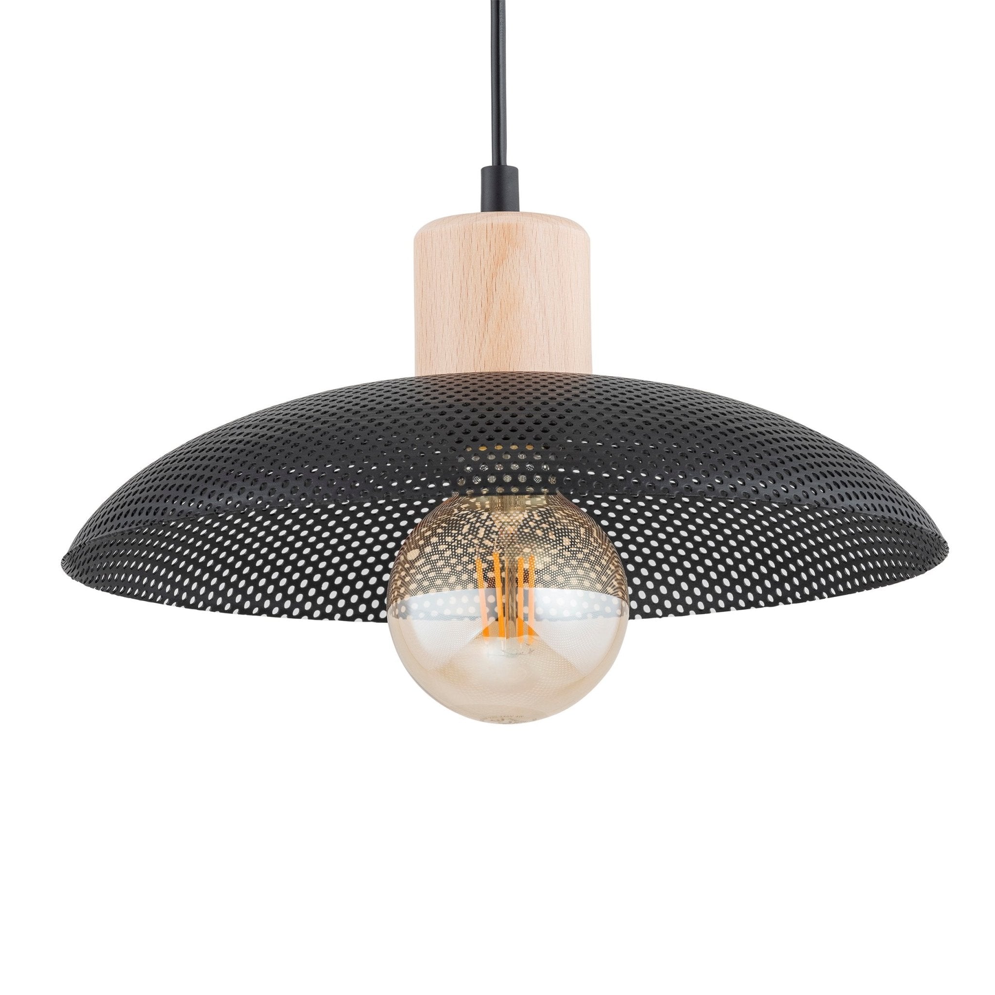 Lampa sufitowa metalowy klosz drewno NELI wisząca ZWIS czarna 1xE27 - LAITICA