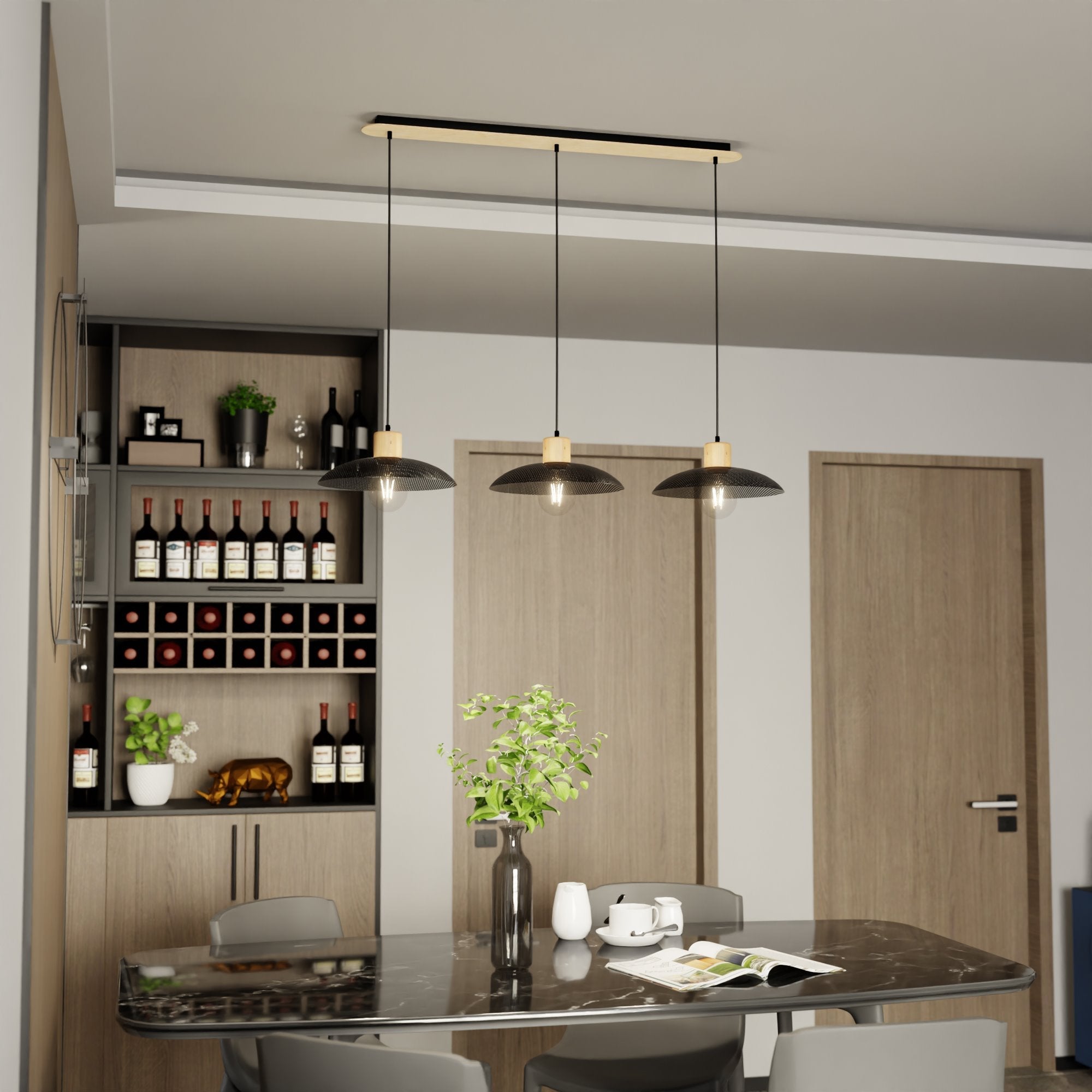 Lampa sufitowa NELI CZARNA 3 klosze E27 regulowana ZWIS metal i drewno - LAITICA