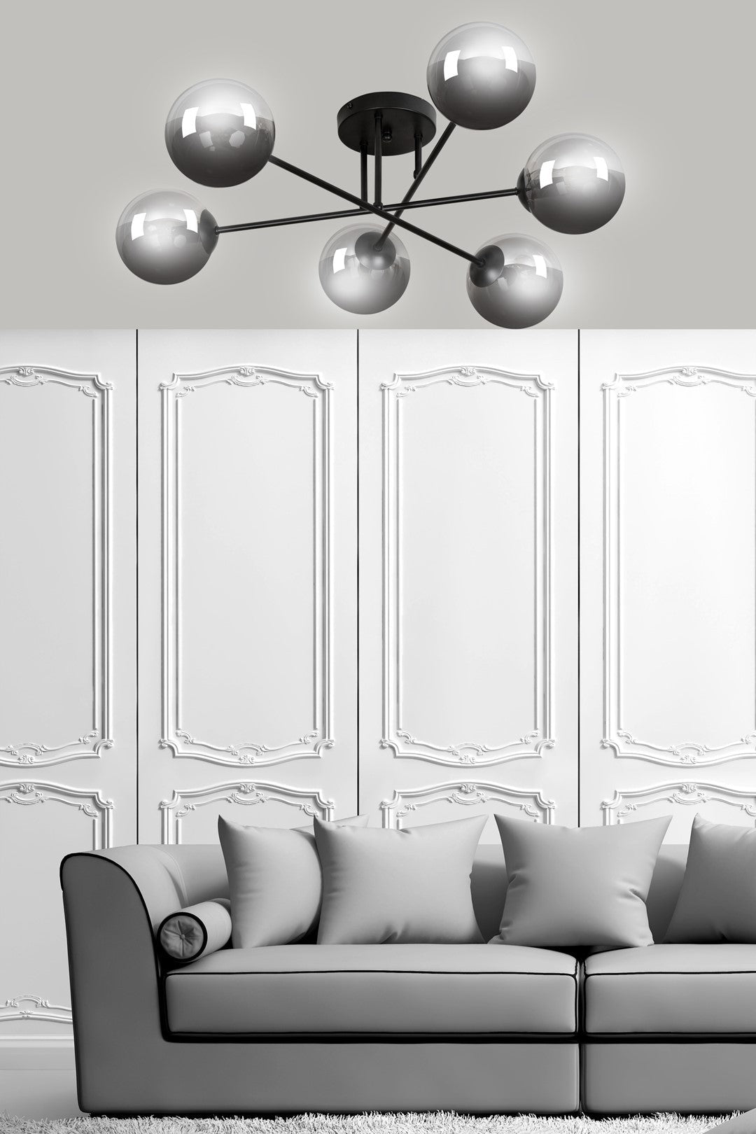 Lampa sufitowa NICEA plafon 6 punktów światła SZKLANY KLOSZ grafitowy 6xE14 - LAITICA