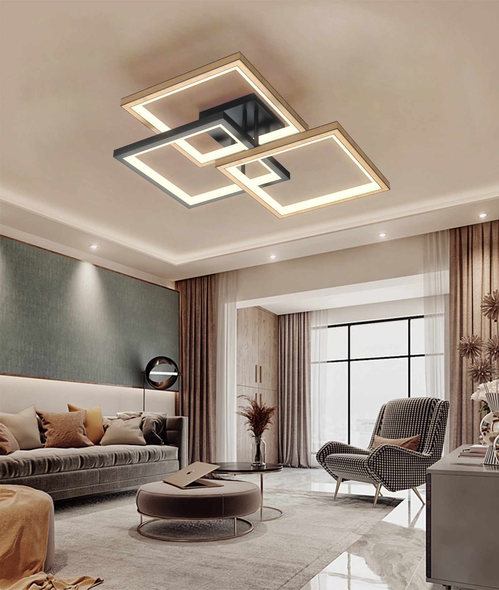 Lampa sufitowa trójka LED MALTA geometryczna BARWA CIEPŁA czarny/drewno - LAITICA