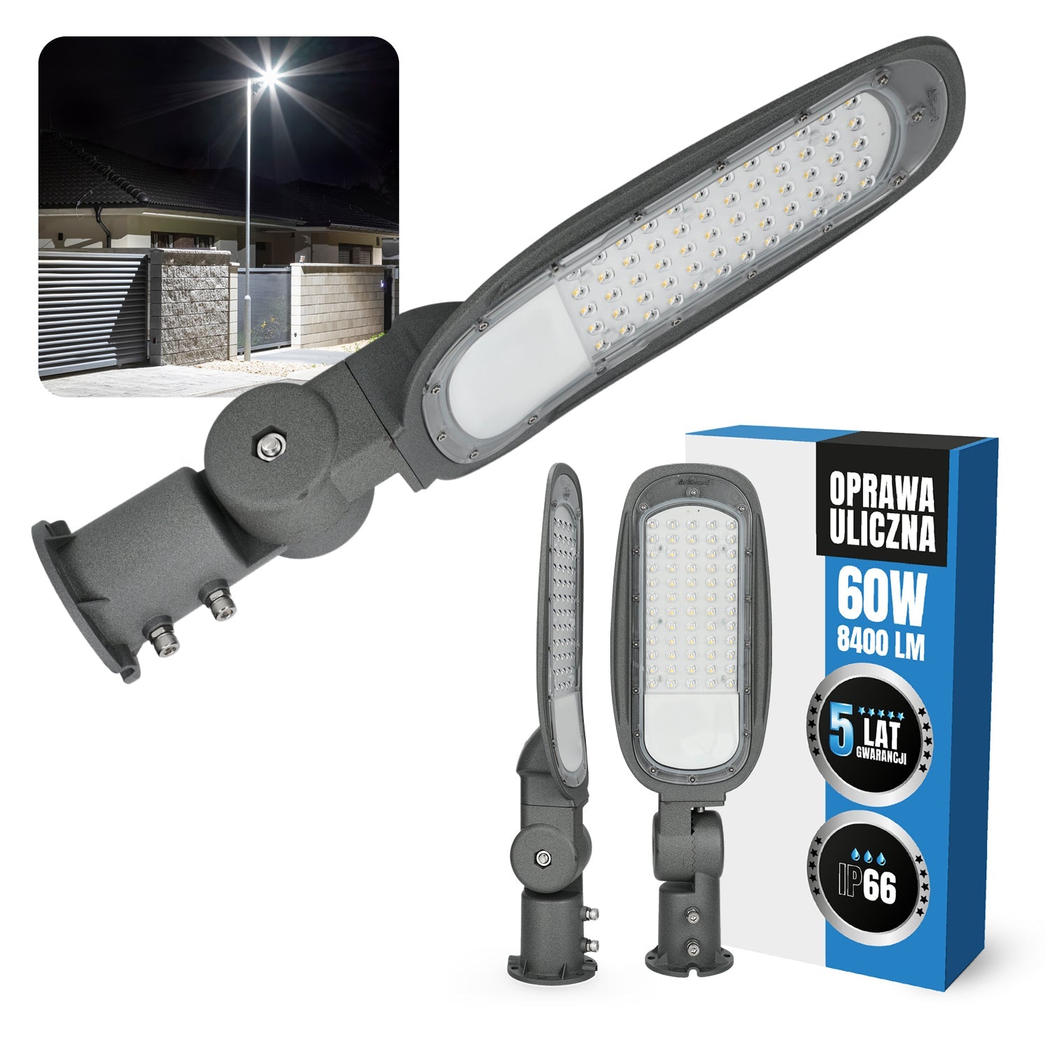 Lampa Uliczna Latarnia Oprawa Drogowa LED PRO 60W REGULOWANA mocna IP66 - LAITICA