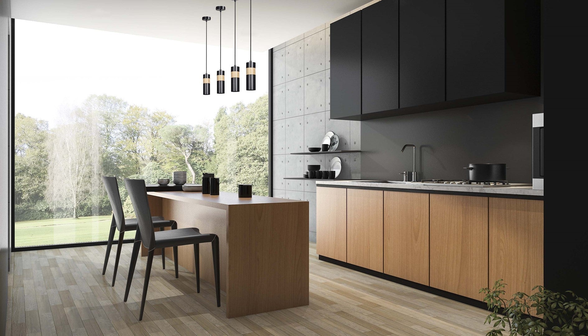 Lampa wisząca AKARI 1 BLACK skandynawska tuba drewno czarna - LAITICA
