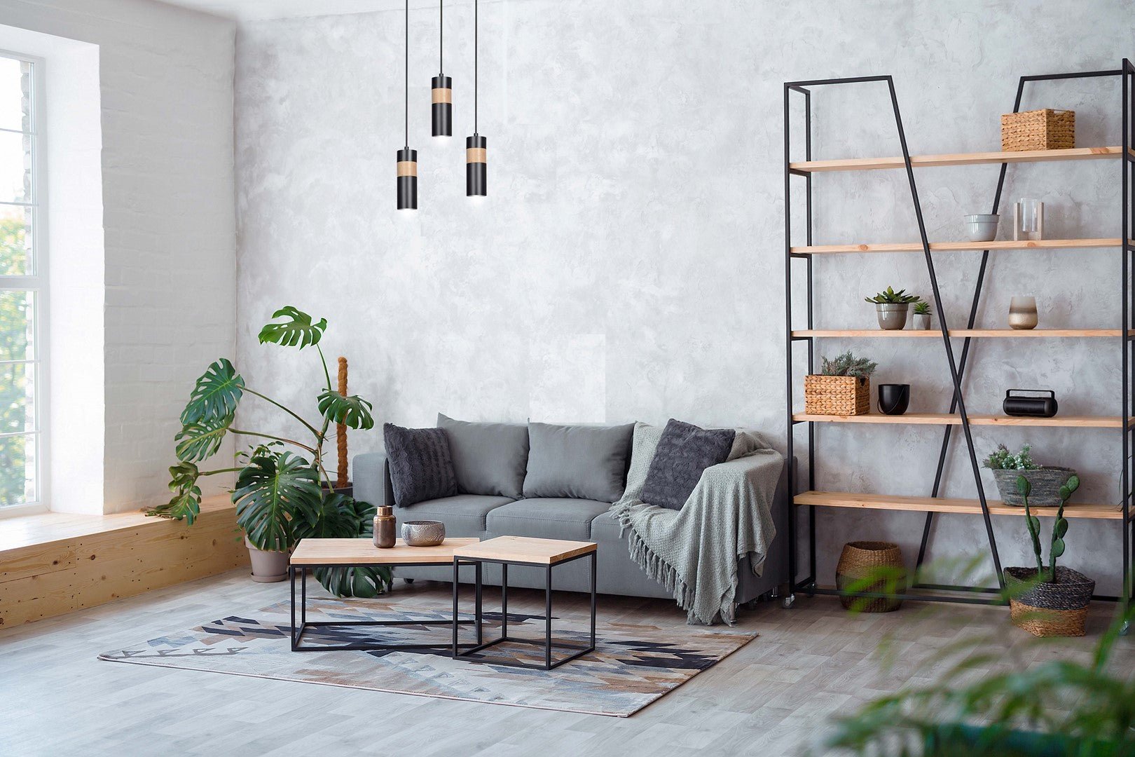 Lampa wisząca AKARI 1 BLACK skandynawska tuba drewno czarna - LAITICA