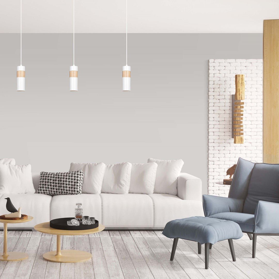 Lampa wisząca AKARI 1 WHITE skandynawska tuba drewno biała - LAITICA