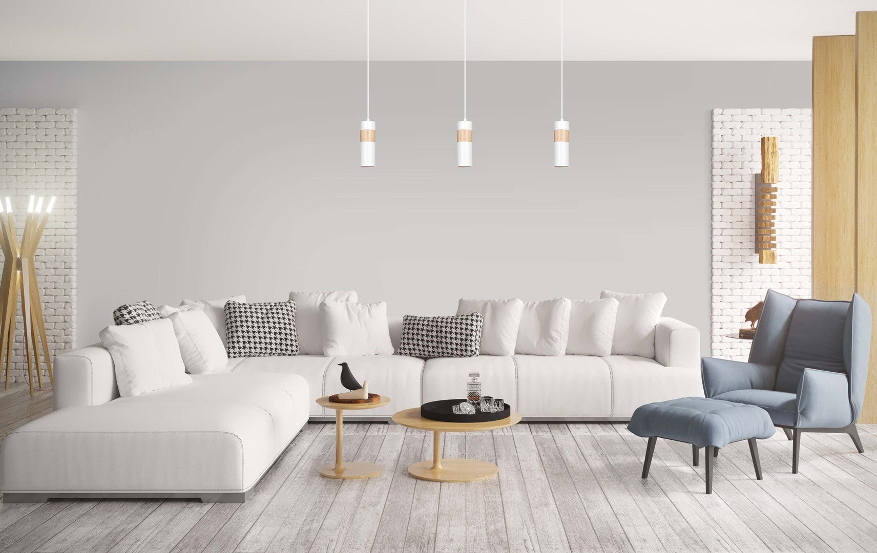 Lampa wisząca AKARI 1 WHITE skandynawska tuba drewno biała - LAITICA