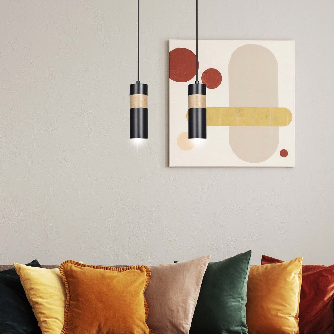 Lampa wisząca AKARI 2 BLACK skandynawska tuby drewno czarna - LAITICA