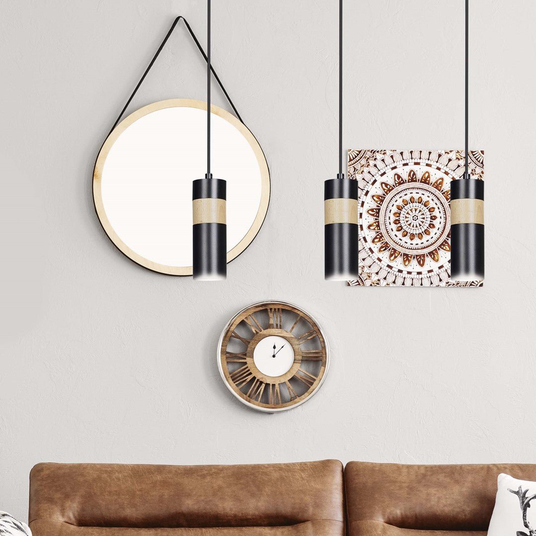 Lampa wisząca AKARI 3 BLACK skandynawska tuby drewno czarna - LAITICA