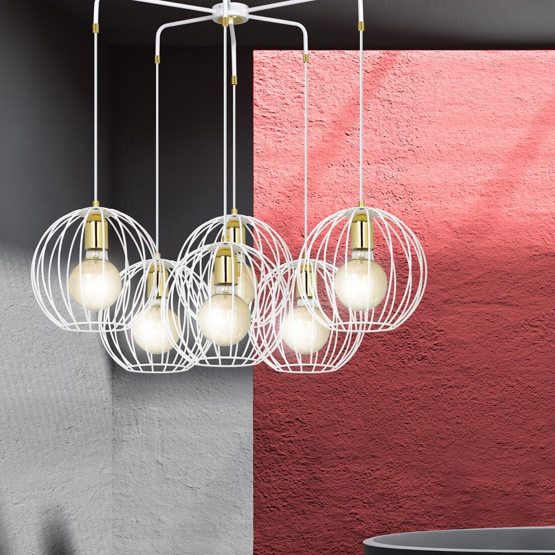 Lampa wisząca ALBIO 6 WHITE nowoczesna, loft, biało/złota - LAITICA