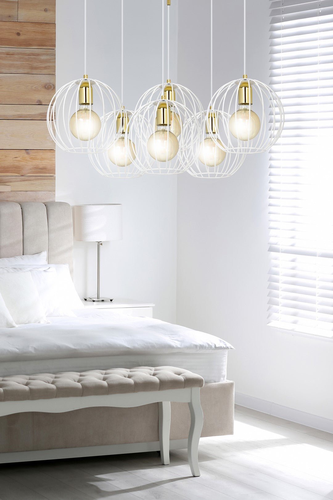 Lampa wisząca ALBIO 6 WHITE nowoczesna, loft, biało/złota - LAITICA