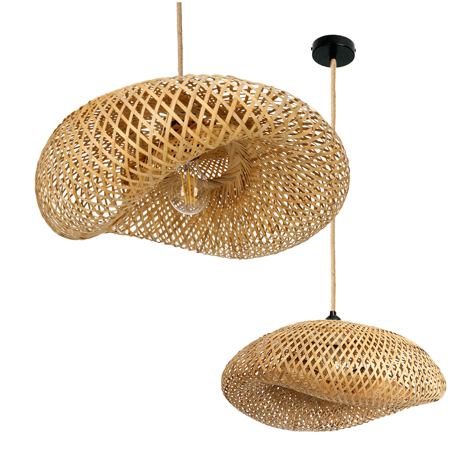 Lampa wisząca BRUGIA M E27 boho BAMBUS Czarna podsufitówka Naturalna Sznur - LAITICA