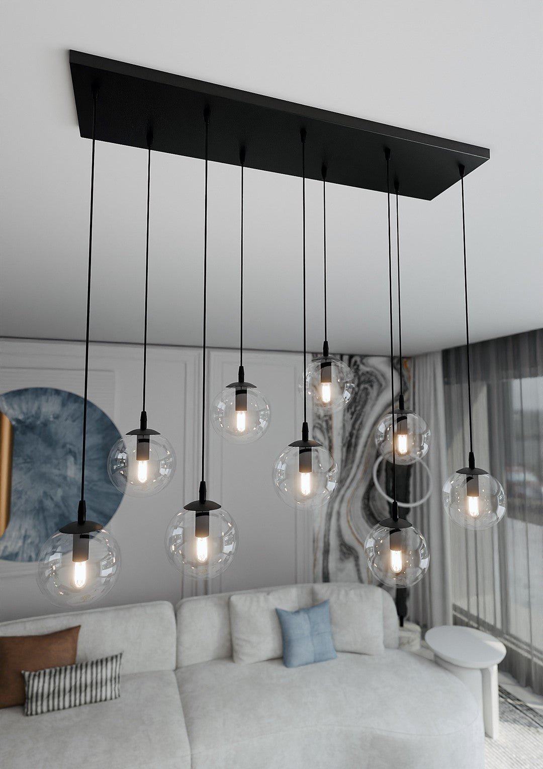 Lampa wisząca COSMO 9 BL TRANSPARENT loft, klosze, czarna - LAITICA