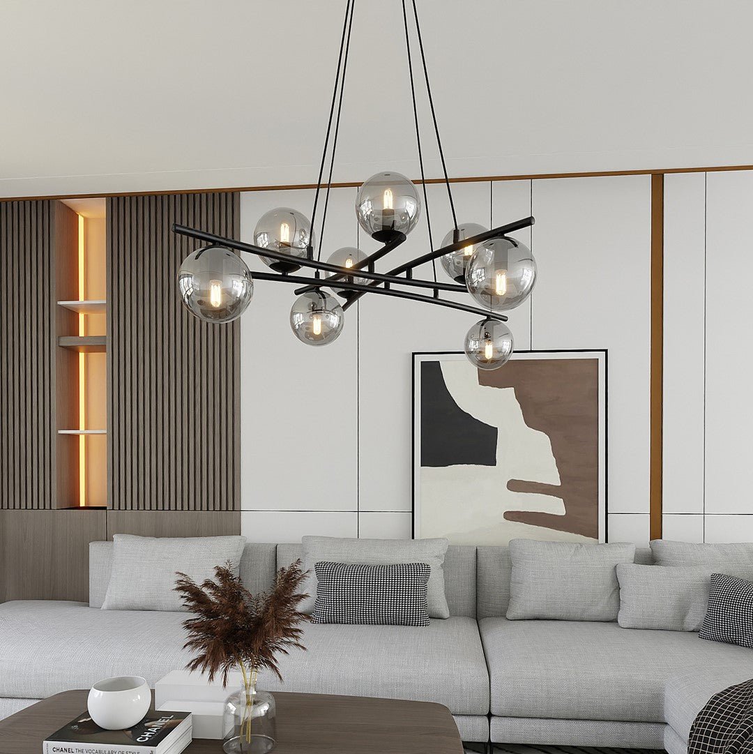 Lampa wisząca CZARNA NICEA regulowana KLOSZ GRAFITOWY 8 punktów światła E14 - LAITICA