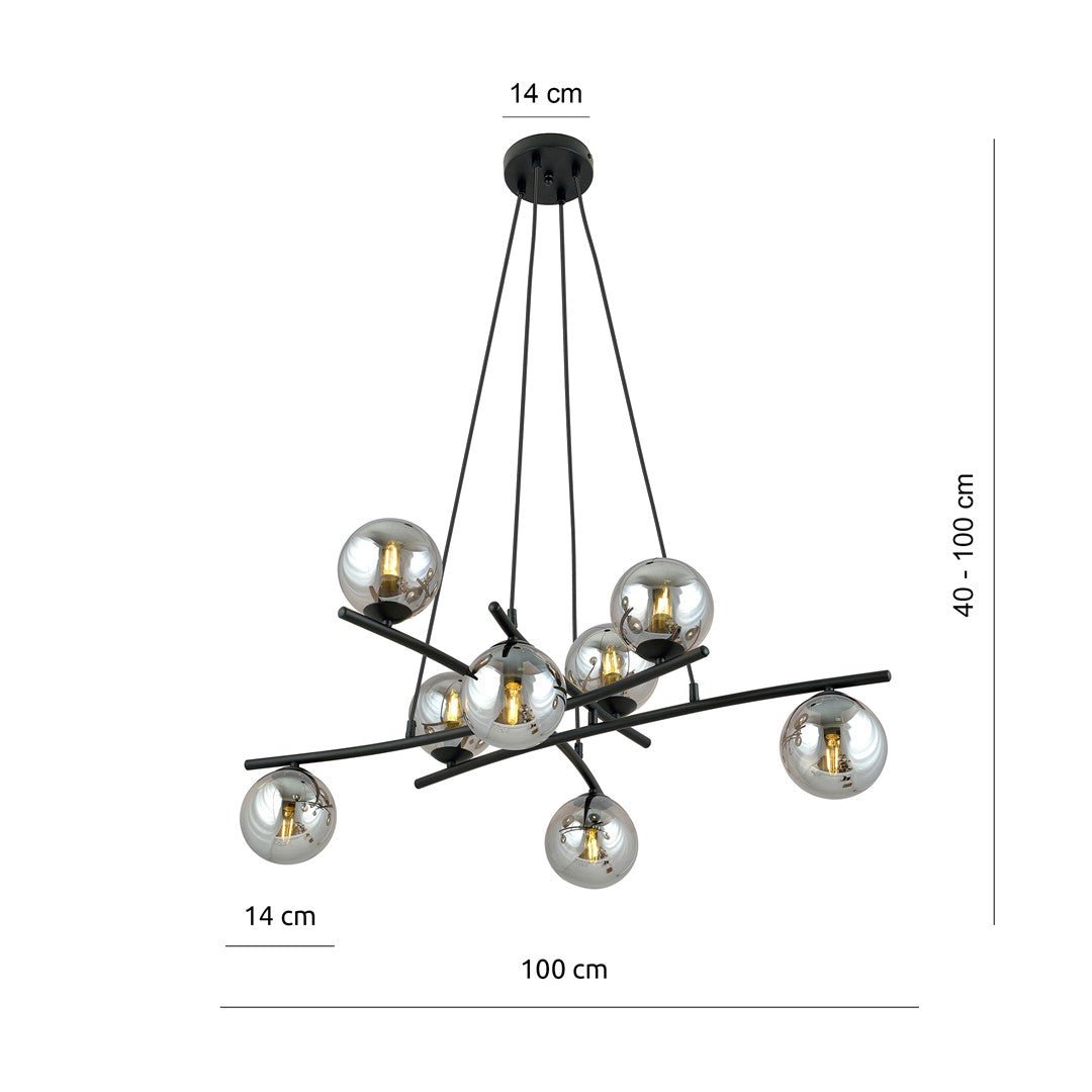 Lampa wisząca CZARNA NICEA regulowana KLOSZ GRAFITOWY 8 punktów światła E14 - LAITICA