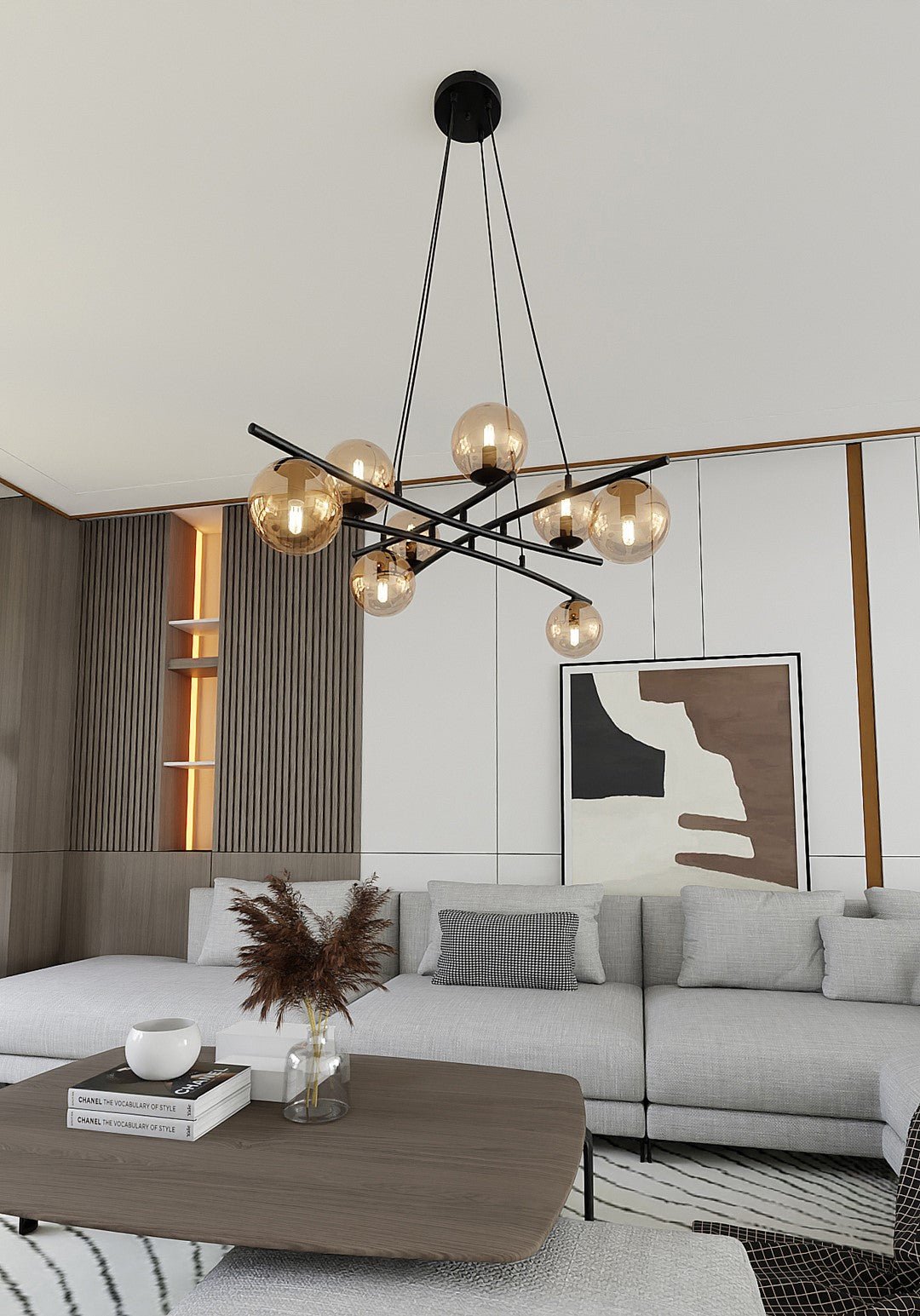 Lampa wisząca CZARNA NICEA regulowana KLOSZ MIODOWY 8 punktów światła E14 - LAITICA