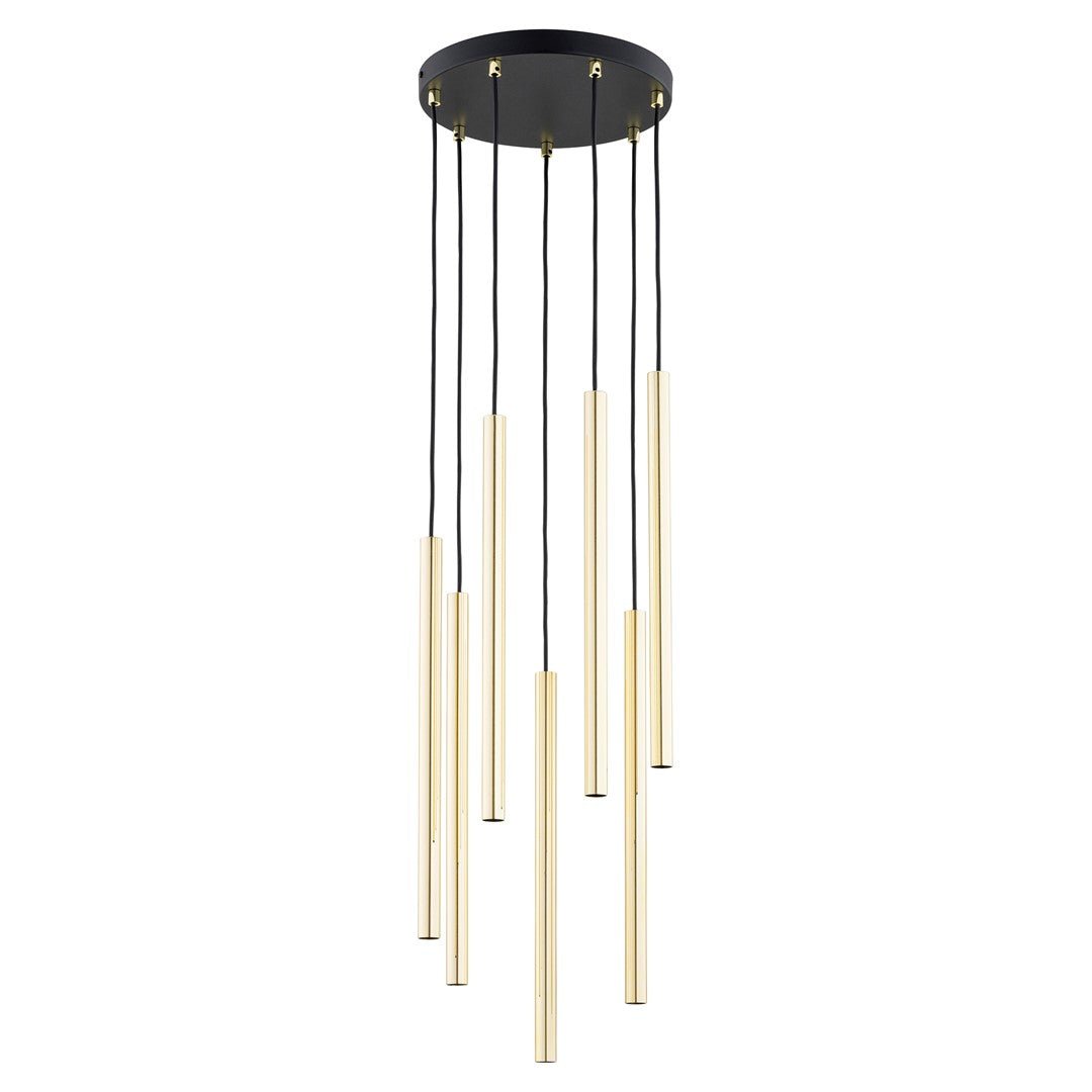 Lampa wisząca czarna SOFIA 7 - punktowa G9 klosz ZŁOTY TUBA REGULOWANA zwis - LAITICA
