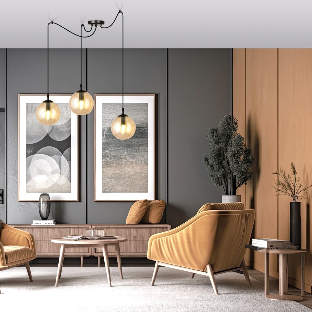 Lampa wisząca GIGI 3 BL MIODOWY pająk klosze bursztyn czarna - LAITICA