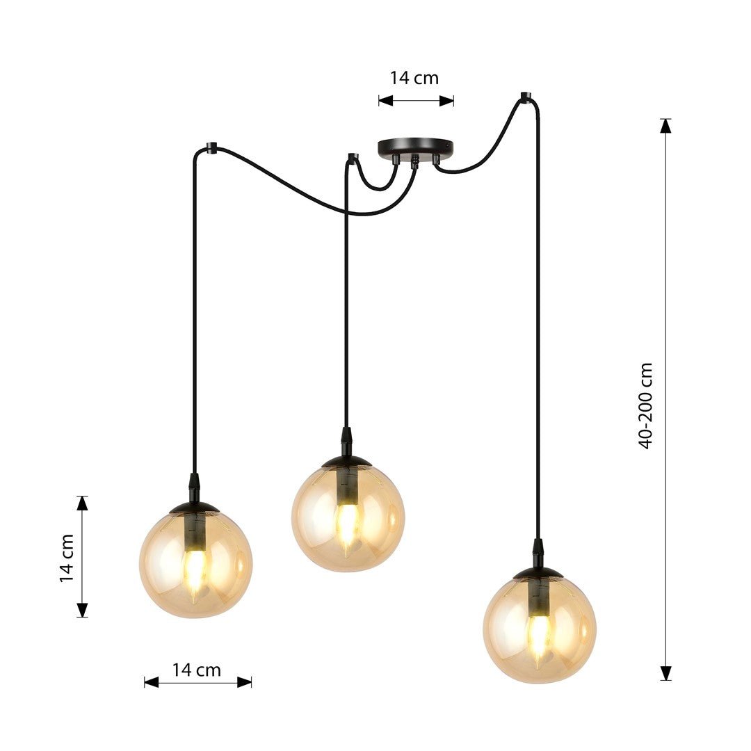 Lampa wisząca GIGI 3 BL MIODOWY pająk klosze bursztyn czarna - LAITICA