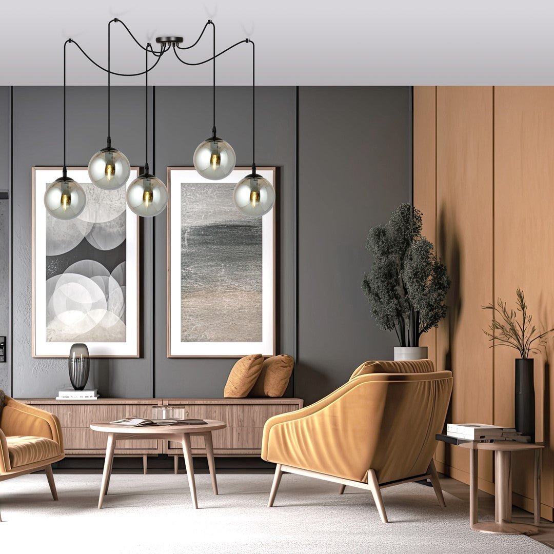 Lampa wisząca GIGI 5 BL GRAFIT pająk, klosze grafit, czarna - LAITICA