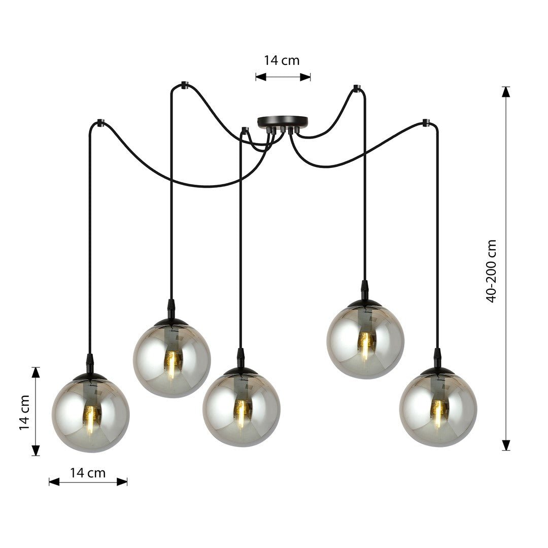 Lampa wisząca GIGI 5 BL GRAFIT pająk, klosze grafit, czarna - LAITICA