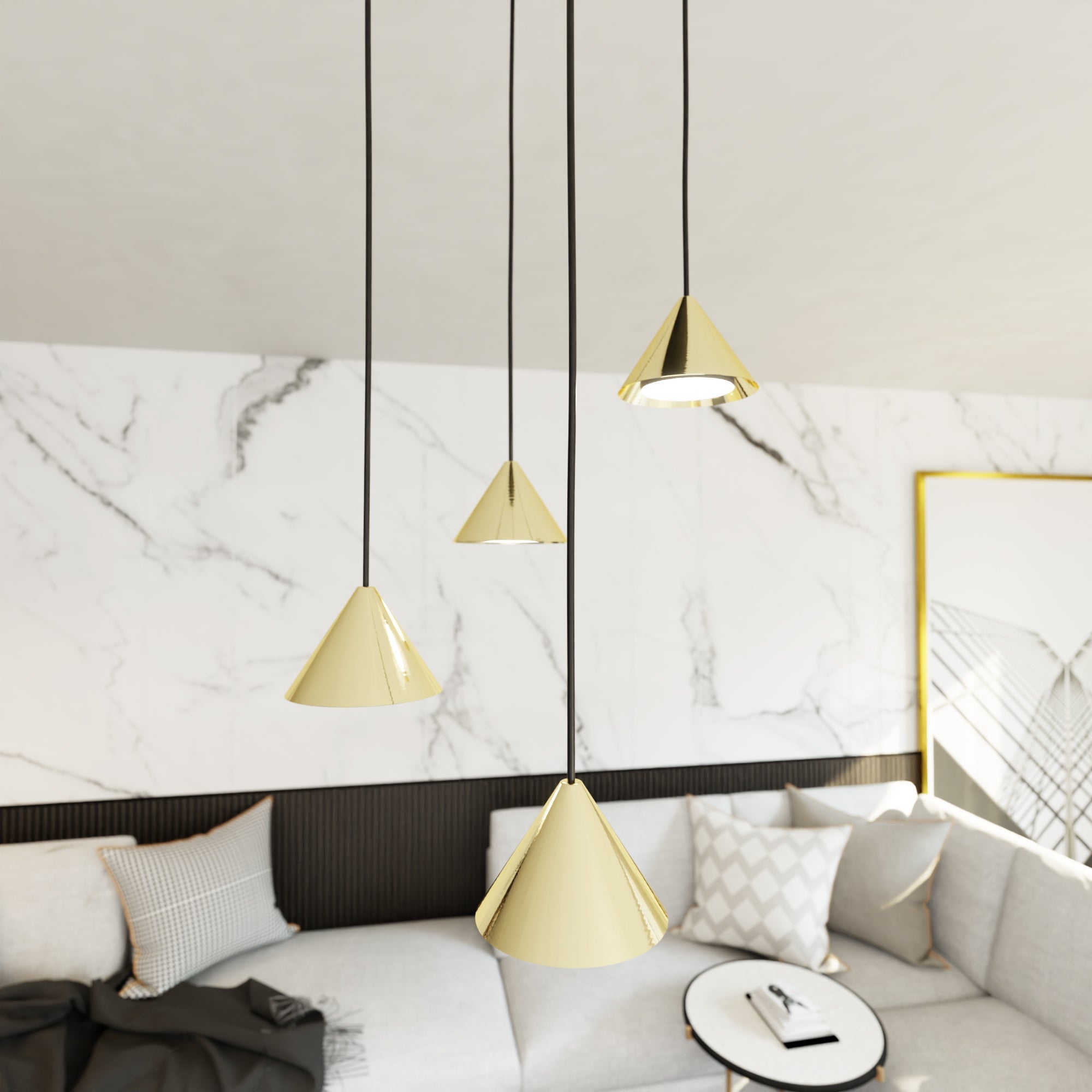Lampa WISZĄCA INEZ 4 - punkty GX53 ZŁOTE KLOSZE stożek Nowoczesna do salonu - LAITICA
