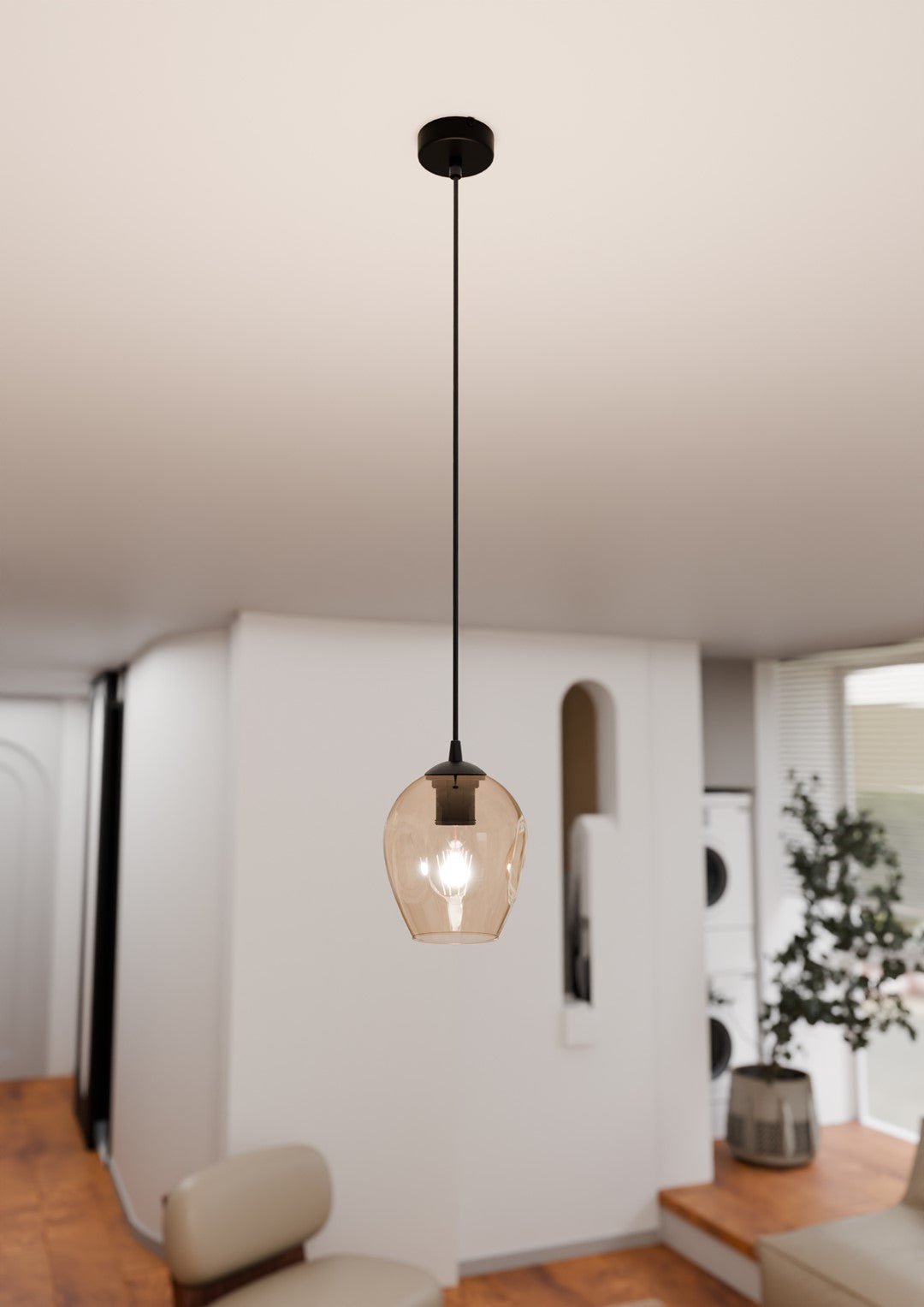 Lampa wisząca ISTAR 1 BL MIODOWY loft klosz bursztyn czarna - LAITICA