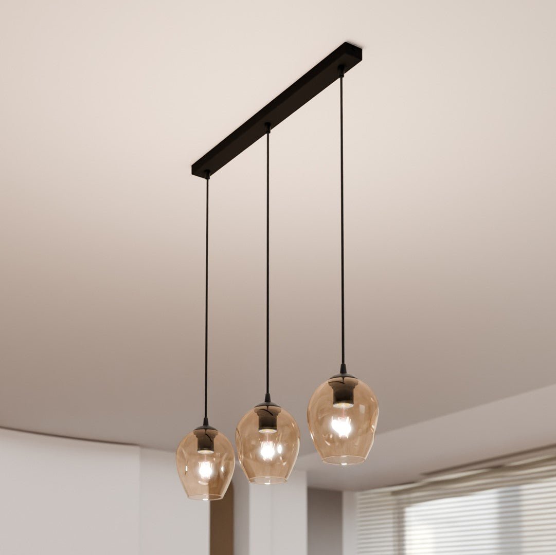 Lampa wisząca ISTAR 3 BL MIODOWY loft klosz bursztyn, czarna - LAITICA