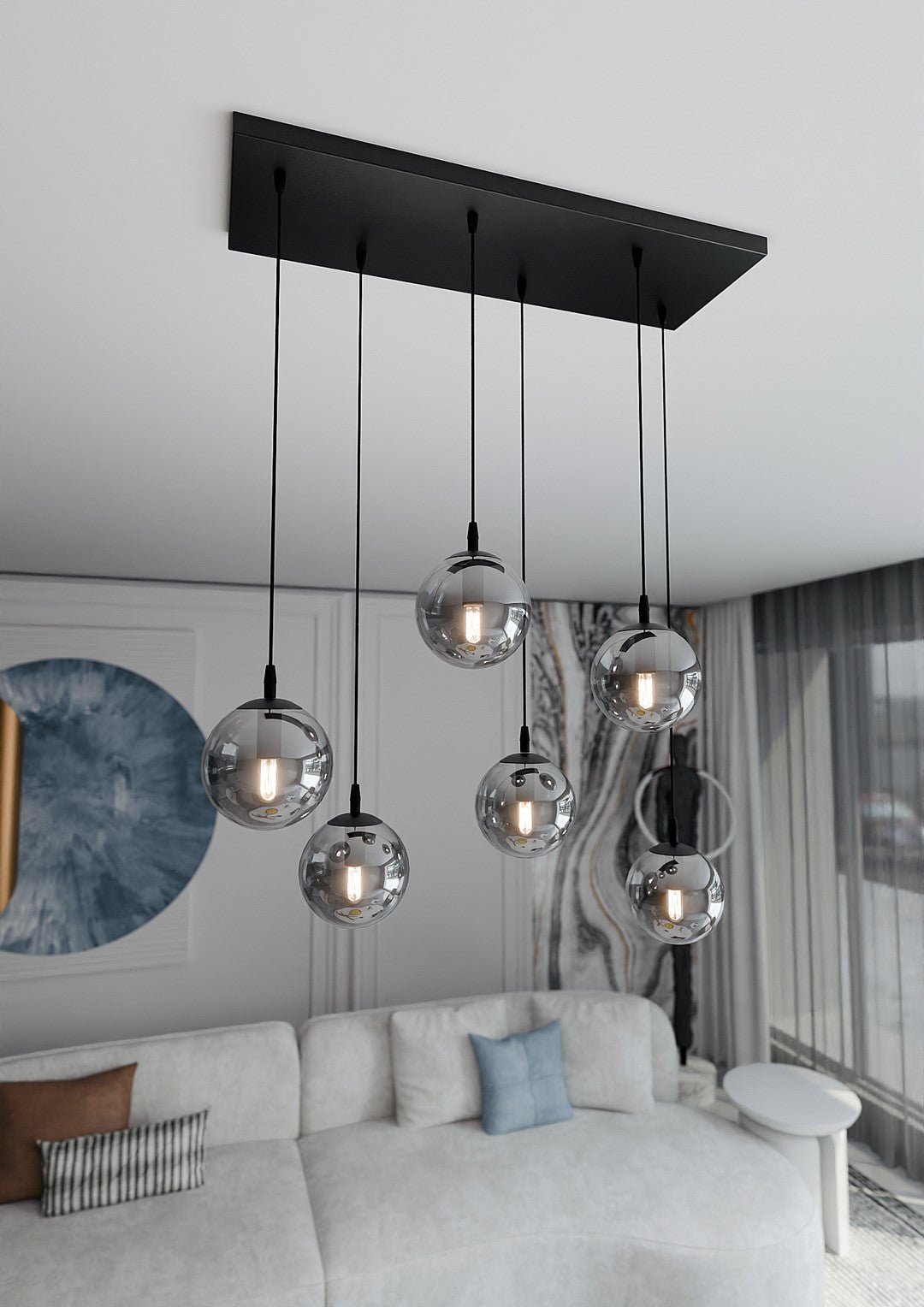 Lampa wisząca VEGAS zwis 6xE14 szklany klosz GRAFITOWY regulowana - LAITICA