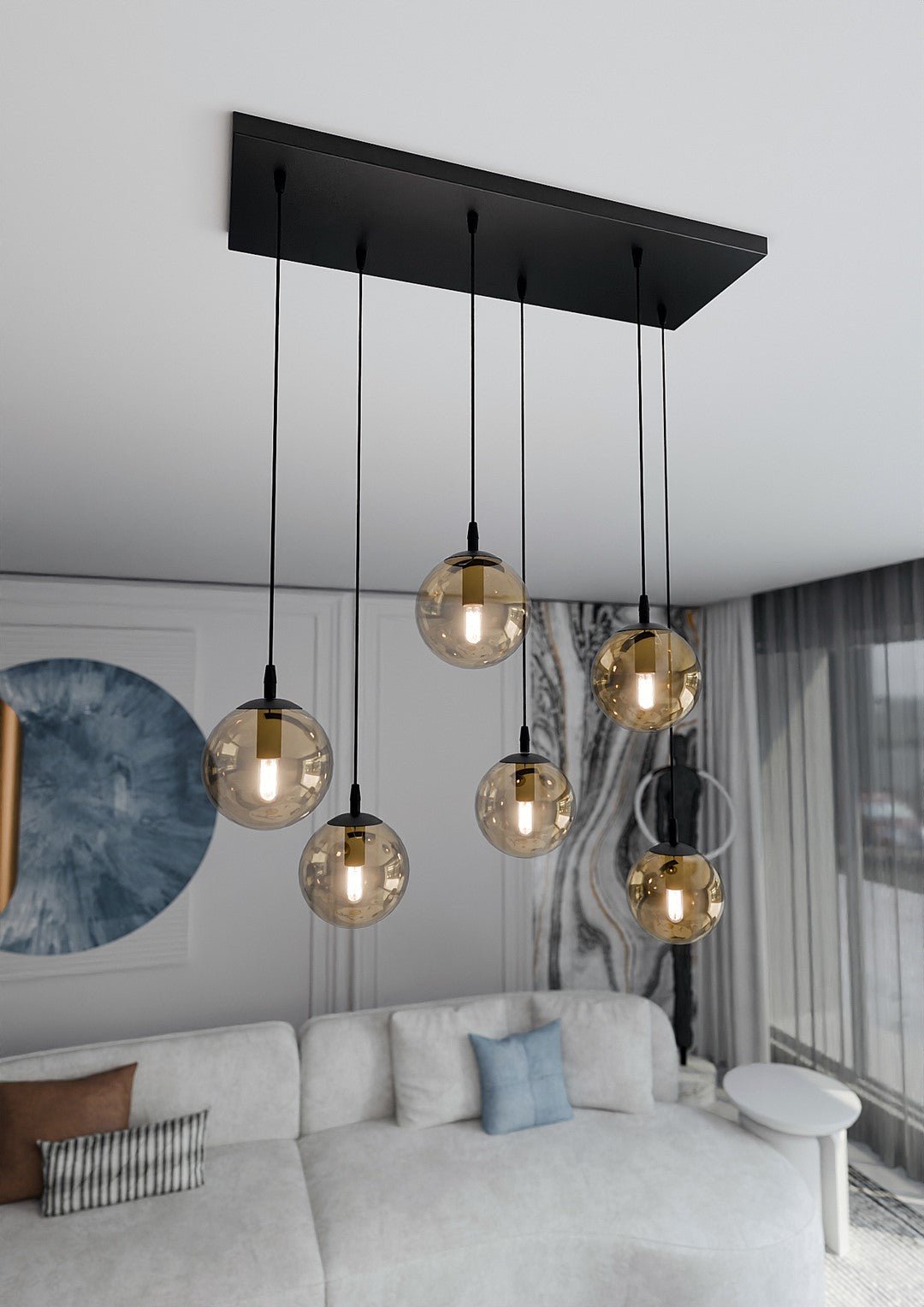 Lampa wisząca VEGAS zwis 6xE14 szklany klosz MIODOWY regulowana - LAITICA