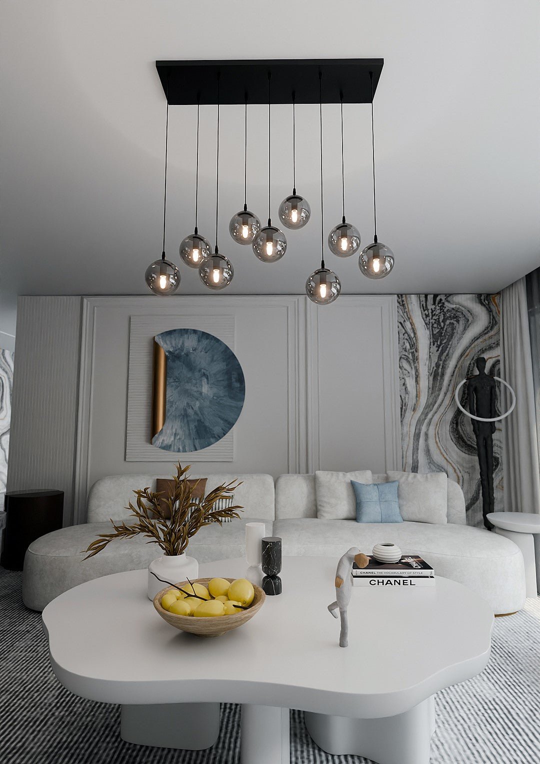 Lampa wisząca VEGAS zwis 9xE14 szklany klosz GRAFITOWY regulowana - LAITICA