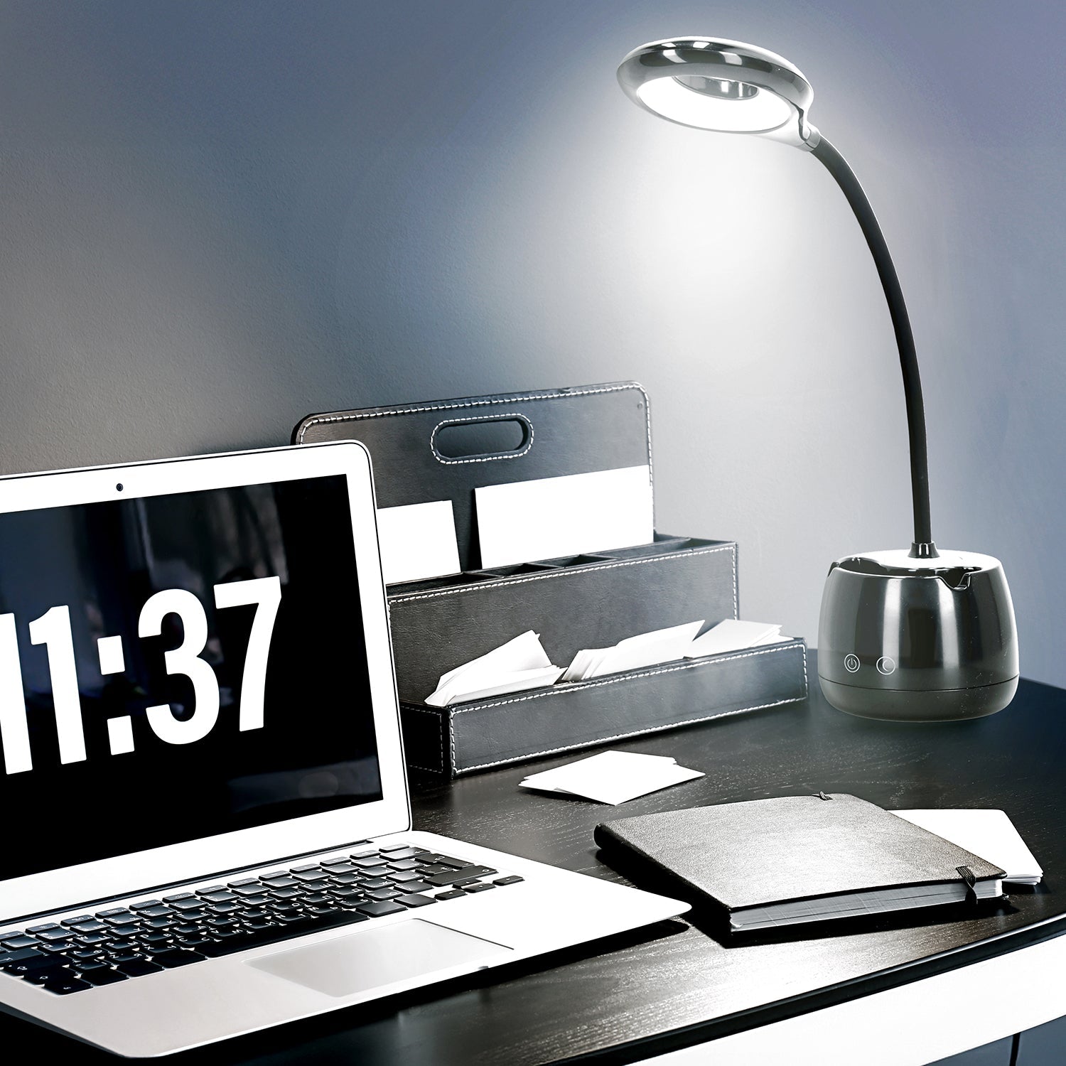 Lampka biurkowa LED 5W USB akumulatorowa organizer 2 barwy światła ściemniacz czarna - LAITICA