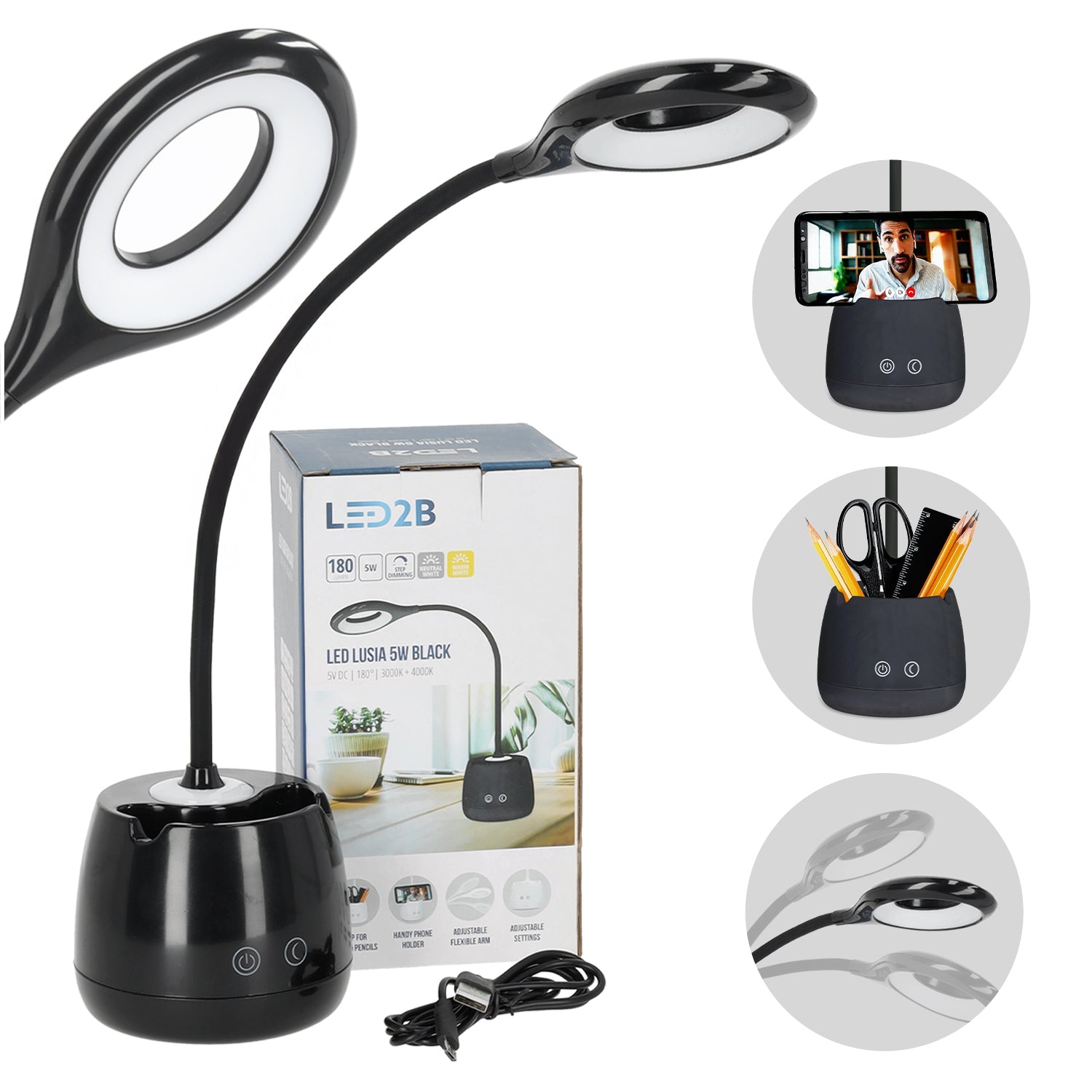 Lampka biurkowa LED 5W USB akumulatorowa organizer 2 barwy światła ściemniacz czarna - LAITICA