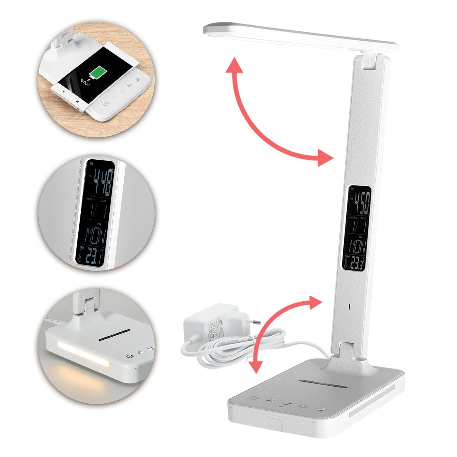 Lampka Biurkowa LED 7W BIAŁA Wyświetlacz Ładowarka Indukcyjna Q1 Alarm USB - LAITICA