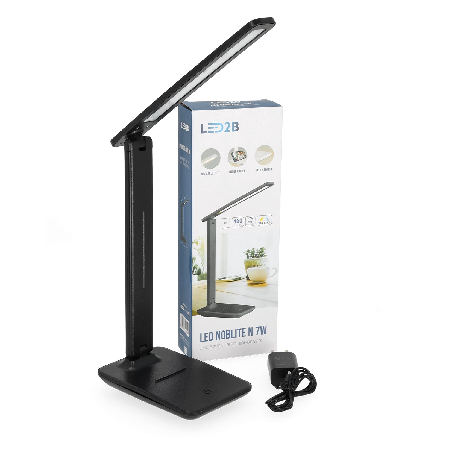 Lampka biurkowa LED 7W czarna 3 barwy światła 3CCT ściemniacz regulowana z uchwytem na telefon - LAITICA