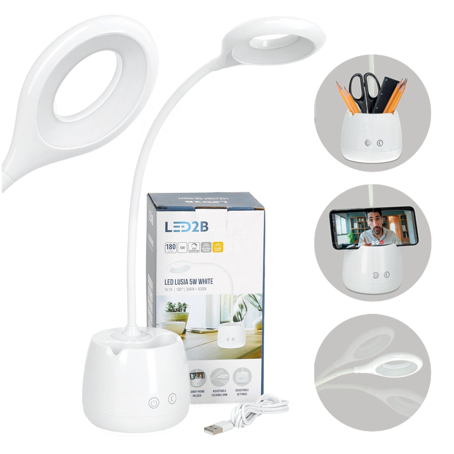 Lampka biurkowa LED akumulatorowa 5W USB z organizerem 2 barwy światła szkolna - LAITICA