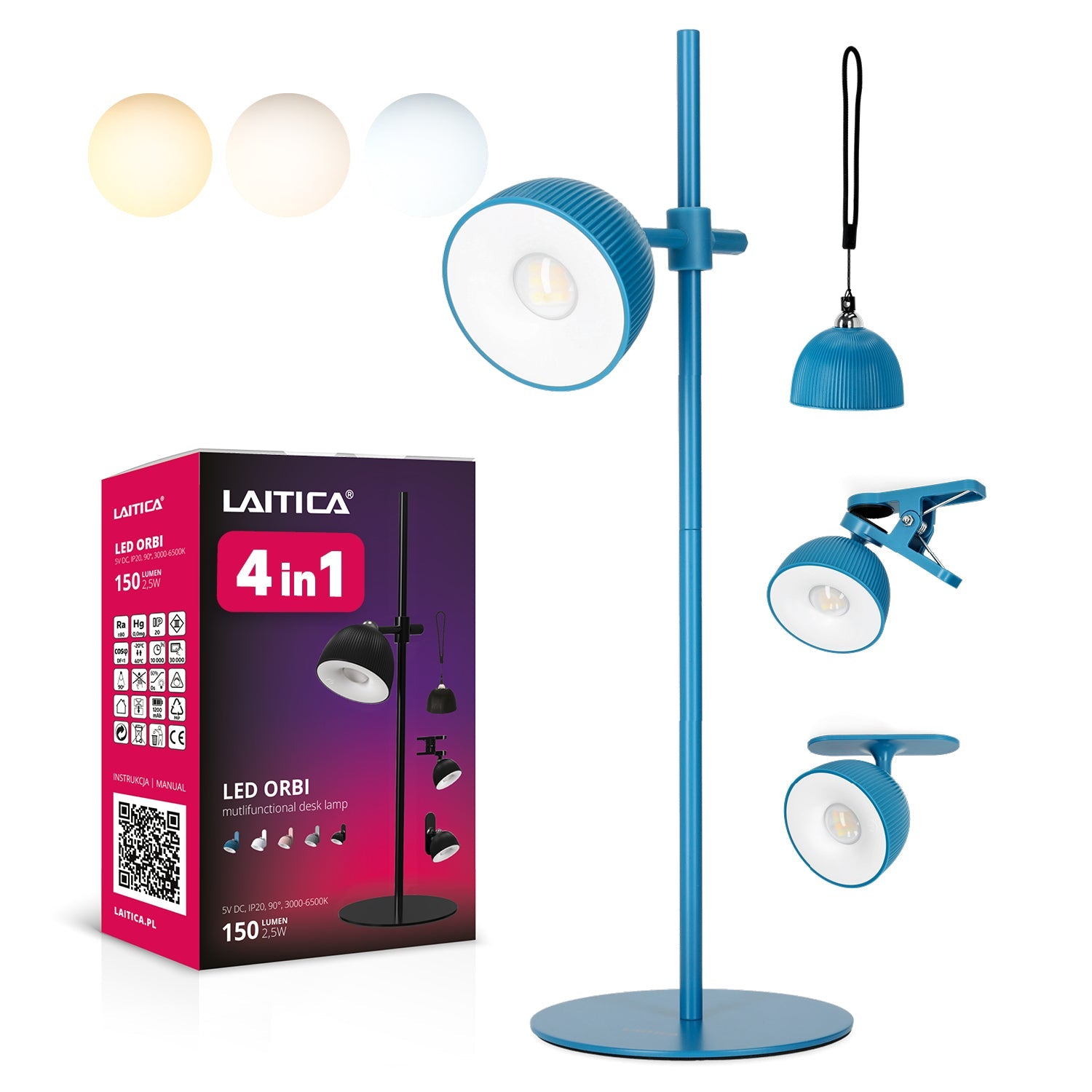 Lampka nocna LED bezprzewodowa niebieska z USB i regulacją światła – Laitica ORBI - LAITICA