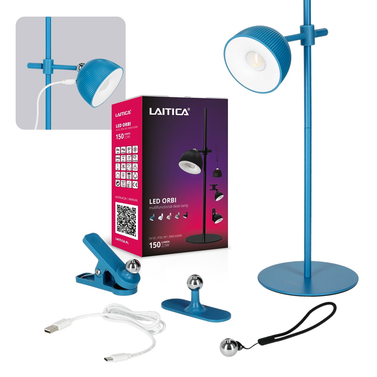 Lampka nocna LED bezprzewodowa niebieska z USB i regulacją światła – Laitica ORBI - LAITICA