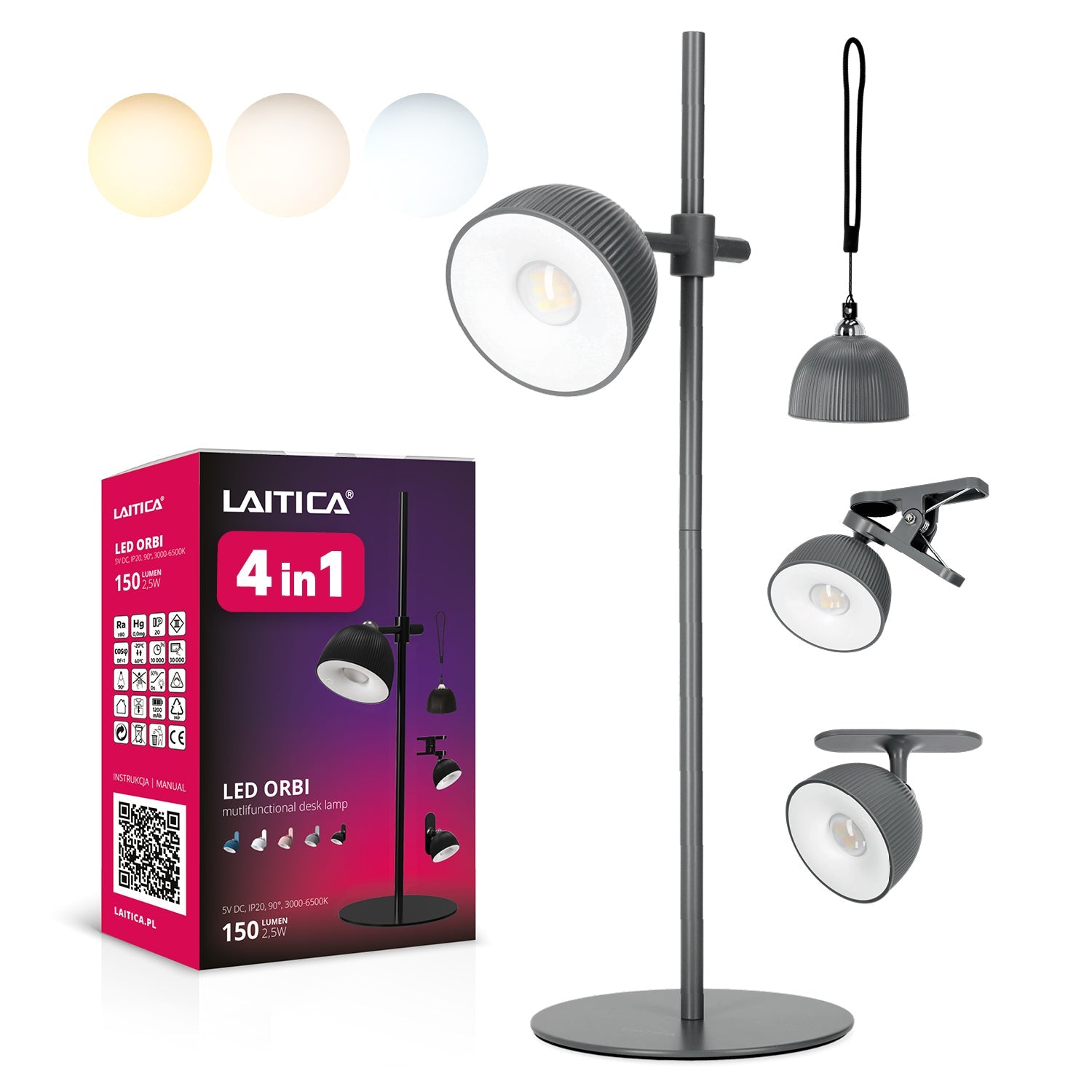 Lampka nocna LED bezprzewodowa szara z USB i regulacją światła – Laitica ORBI - LAITICA