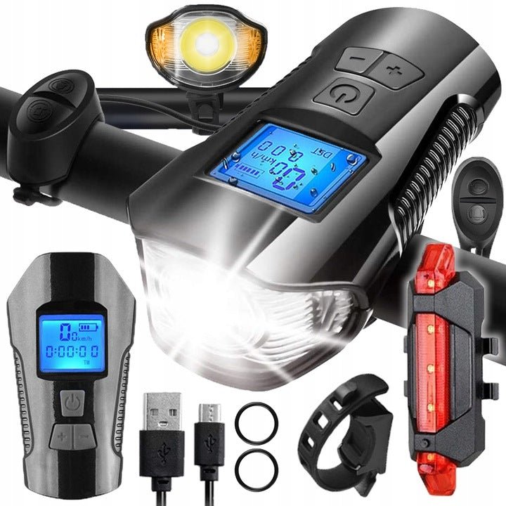 Lampka ROWEROWA Na Kierownicę LED LICZNIK PRZÓD + TYŁ Zestaw Klakson Mocna - LAITICA