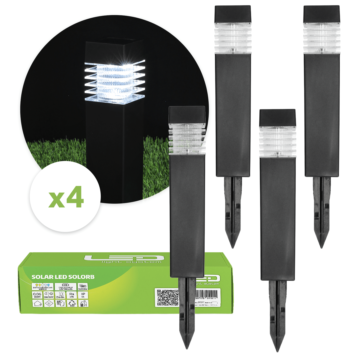 Lampy Solarne Ogrodowe LED Wbijane – Słupek Kwadratowy 4000K - Zestaw 4szt - LAITICA